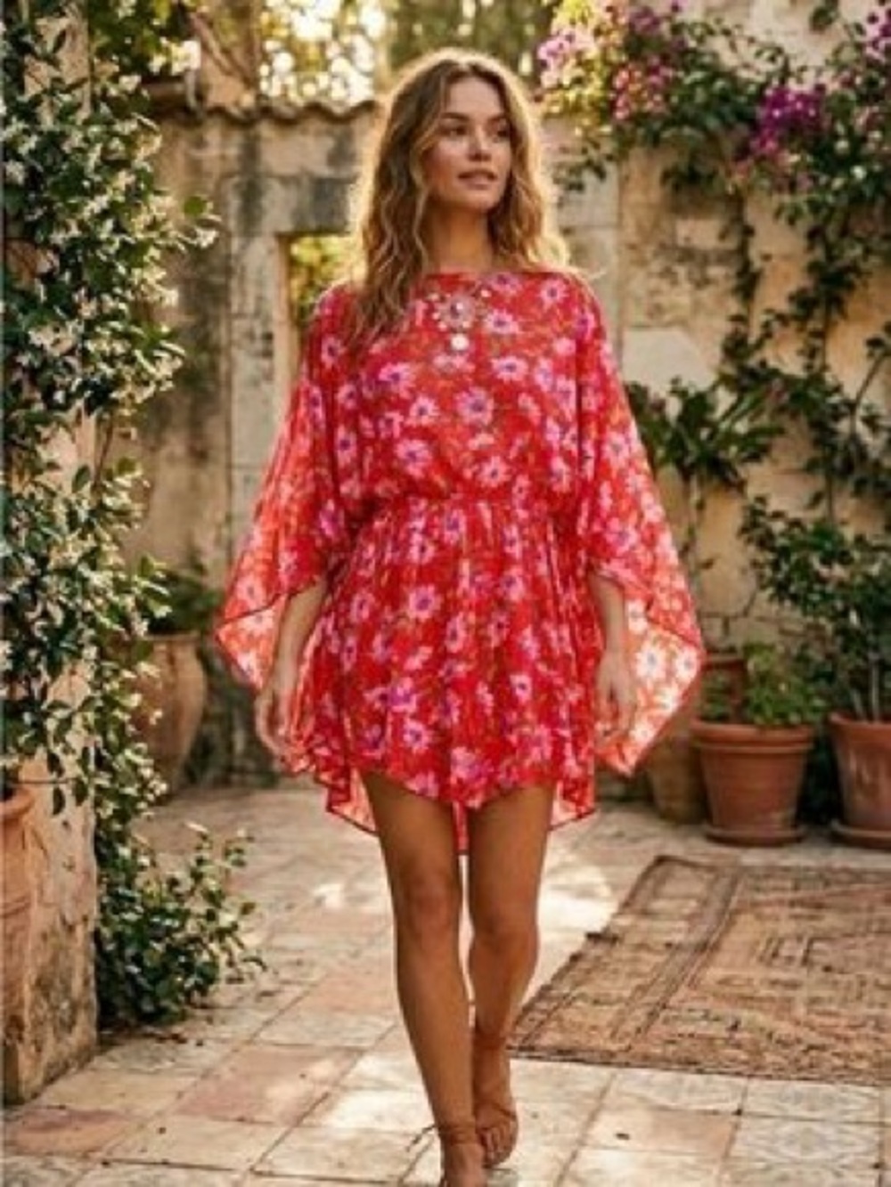 LoveShackFancy Red and Pink Floral dress size XS